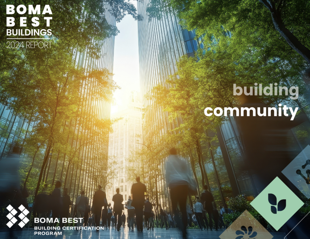 BOMA BEST - A group of people strolls through an urban park, embraced by towering buildings, lush trees, and warm sunlight. The text reads "BOMA BEST 2024" and "Building Community: Buildings Report.